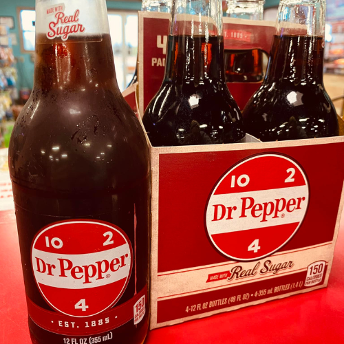 Inside Hamilton Farm & Ranches convenience Dr Pepper glass bottles